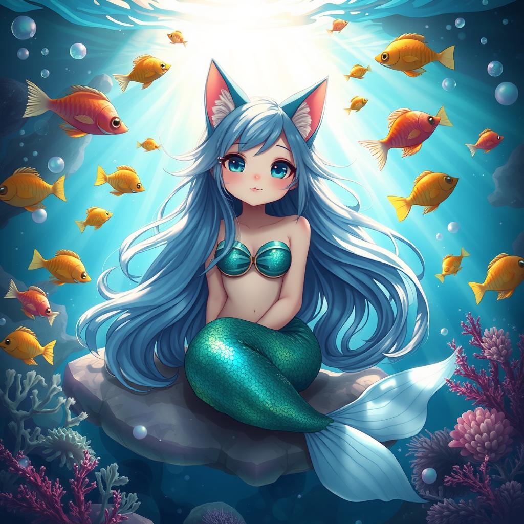 A whimsical scene featuring a cat girl with cat ears and a tail, sitting in a vibrant underwater environment