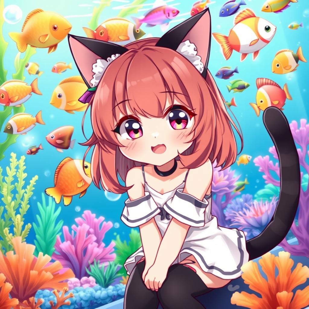 A delightful illustration of a cat girl with cat ears and a playful expression, sitting by a vibrant, colorful aquarium filled with exotic fish