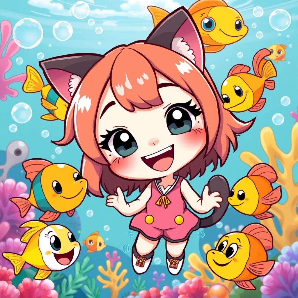 A fun and colorful cartoon-style illustration of a cat girl character with cute cat ears and a playful demeanor, surrounded by a lively underwater scene