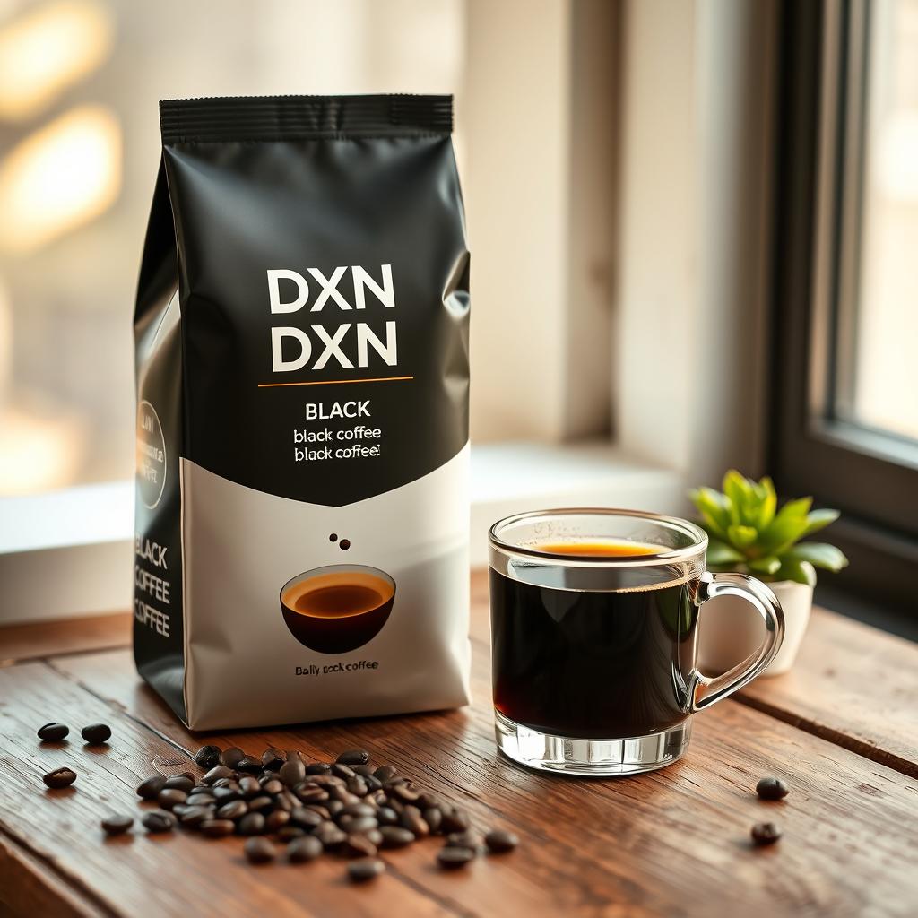 Aesthetic display of DXN black coffee products featuring a sleek, modern packaging design