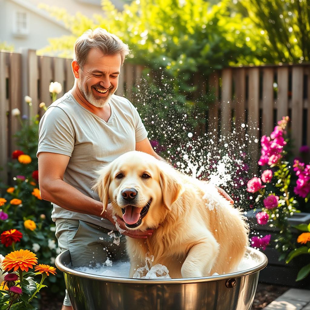 A cheerful scene depicting a man joyfully bathing a fluffy golden retriever in a backyard