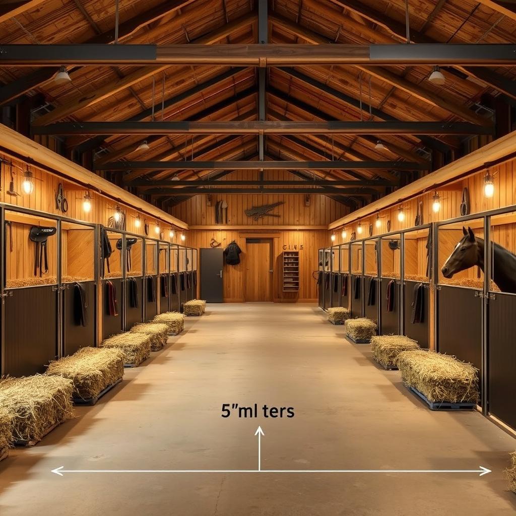 A stable or barn interior, measuring approximately 5 meters wide and 12 meters long, with a concrete floor