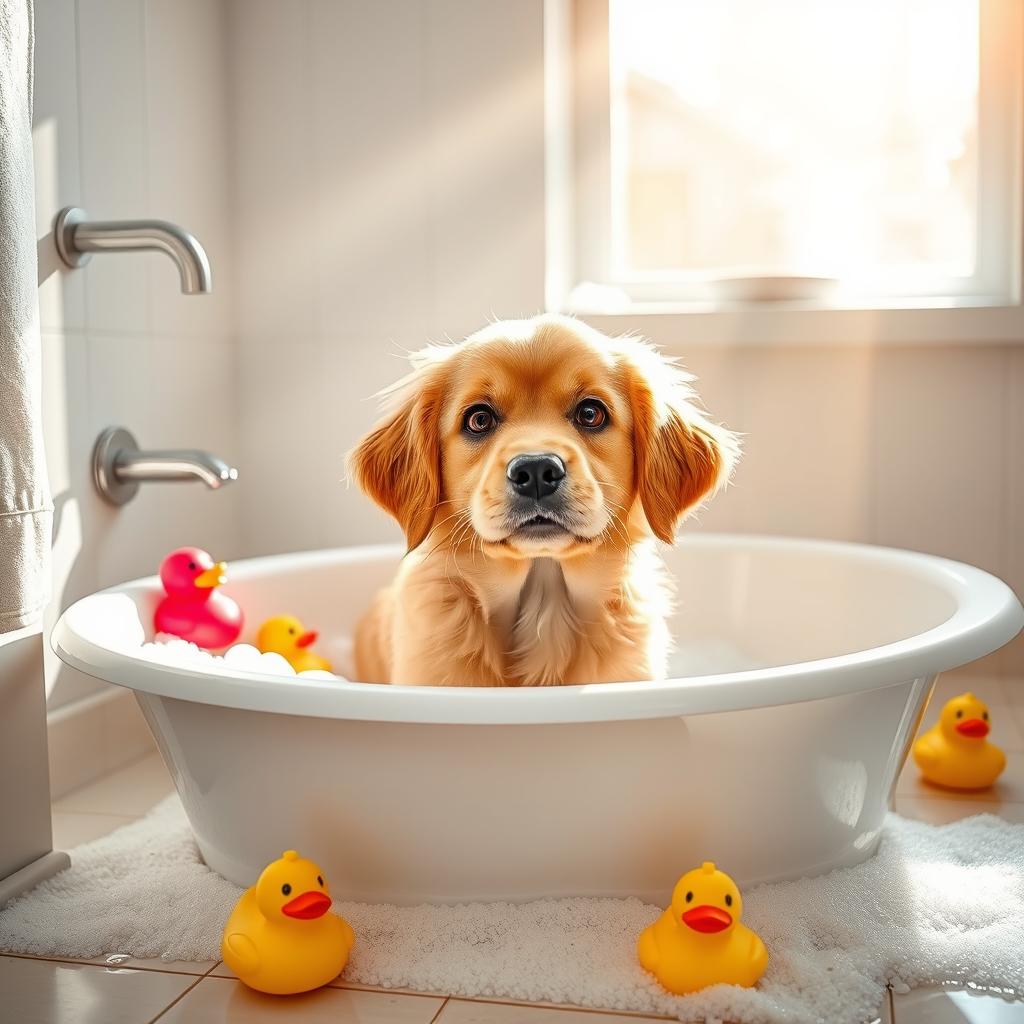 A playful scene depicting a cute dog refusing to take a bath, showing a fluffy golden retriever with big expressive eyes, sitting stubbornly outside a bathtub filled with bubbles