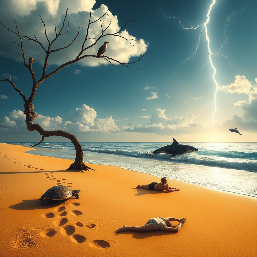 A serene beach scene featuring a turtle coming ashore, leaving tracks in the golden sand as it moves towards the thin shadow of a tree