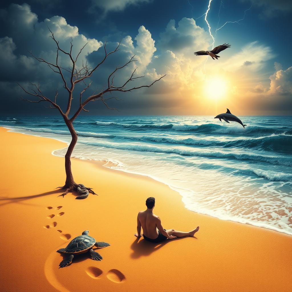 A tranquil beach scene depicting a turtle emerging from the ocean, leaving tracks in the soft golden sand as it moves towards the delicate shadow of a thin tree