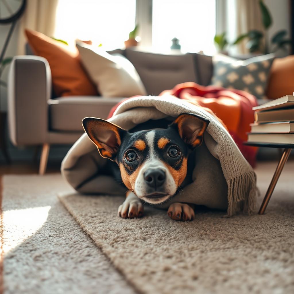 A playful dog hiding under a modern sofa in a cozy living room