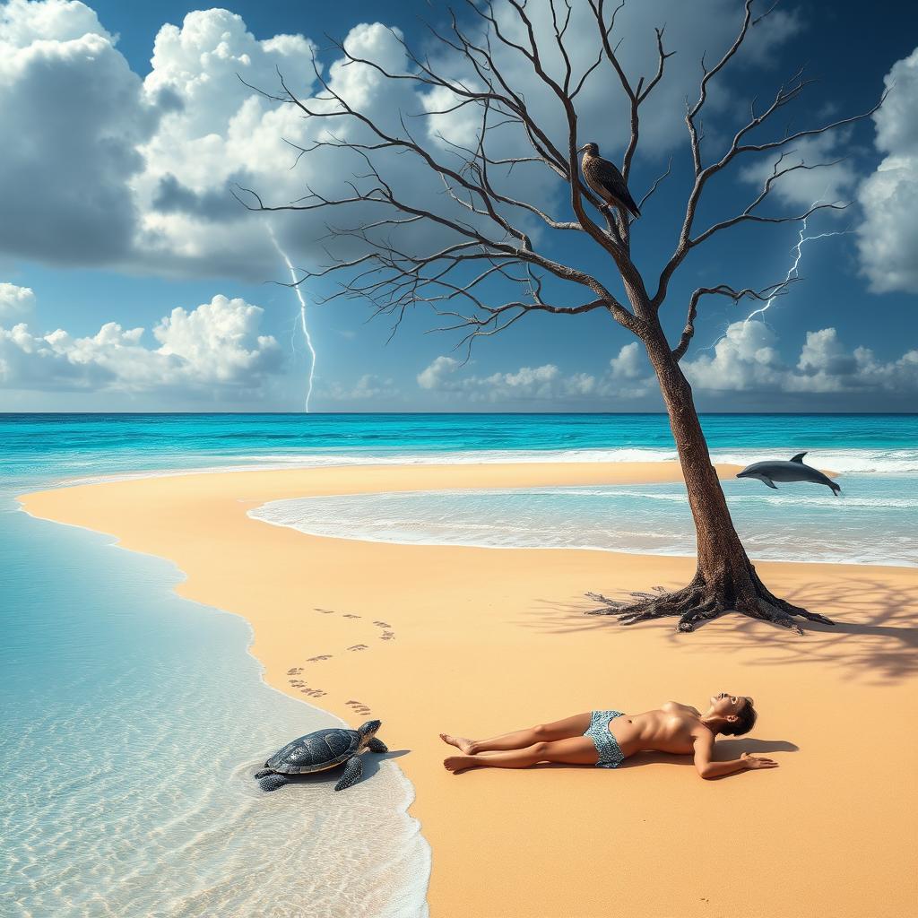 A tranquil beach landscape showing a turtle emerging from the azure sea, leaving distinctive tracks on the soft golden sand as it makes its way towards the slender shade of a tree