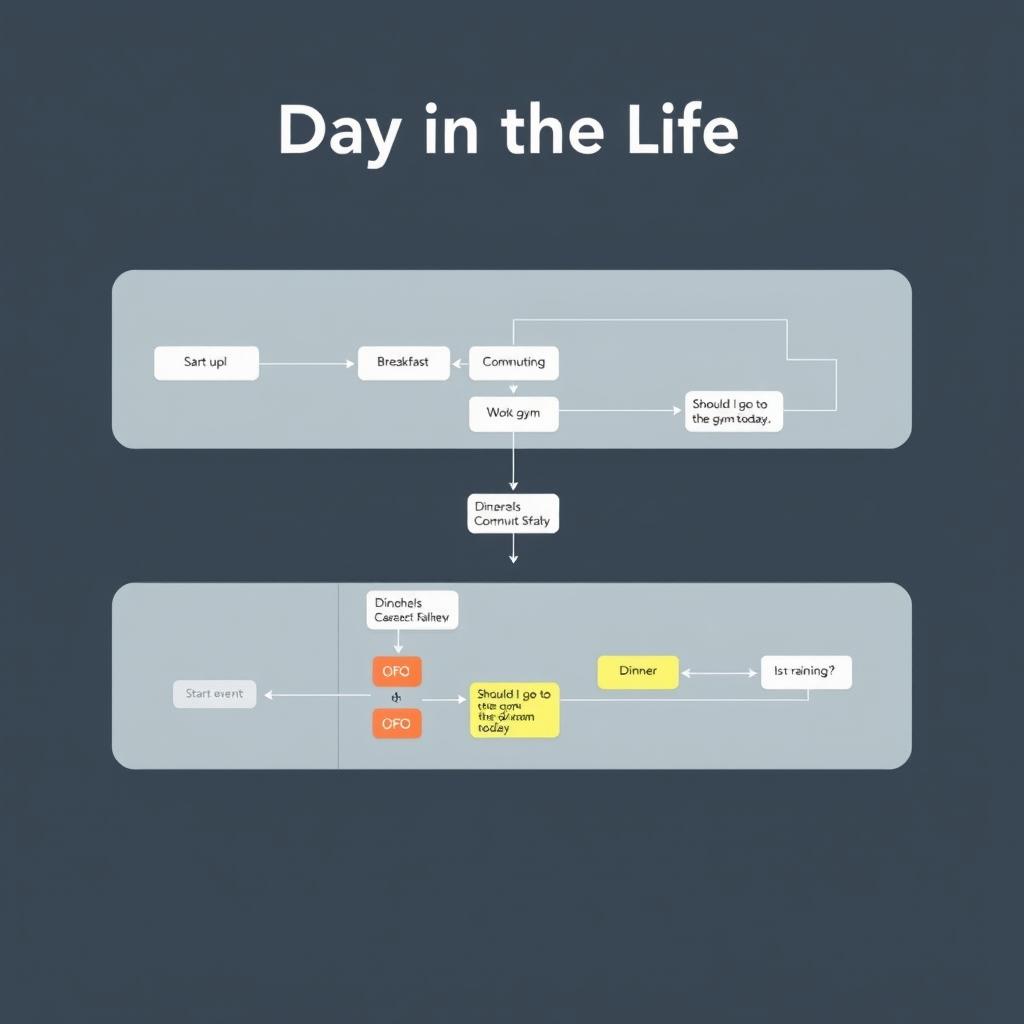 A BPMN (EPC) model visualizing a 'Day in the Life' scenario, showcasing the sequence of daily tasks and decisions