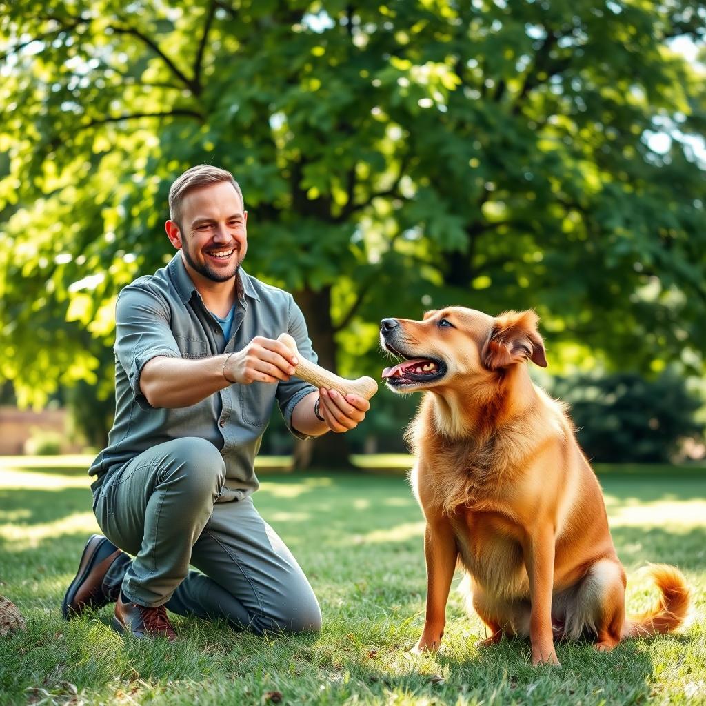 A man in casual clothing, kneeling on grass, joyfully offering a large bone to a happy brown dog with a wagging tail