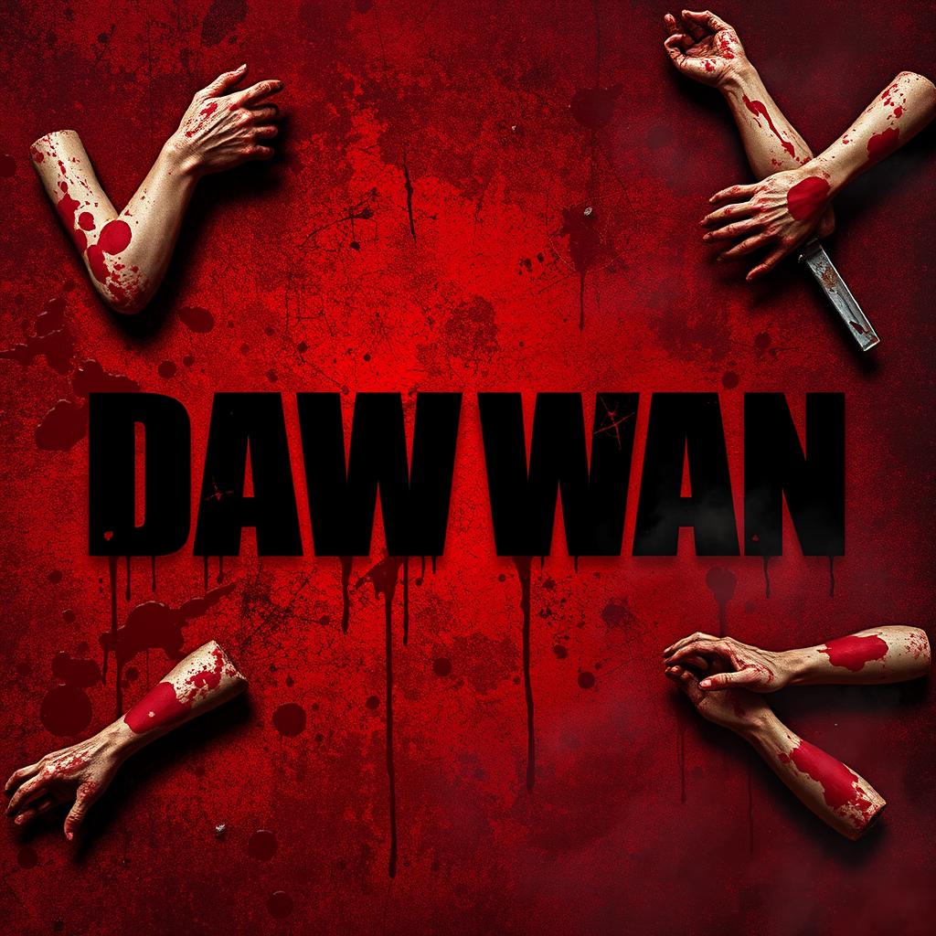An intense action movie poster featuring a grungy, gritty background with splattered blood and dismembered arms scattered artistically around the design