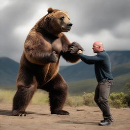 A dynamic image of Joe Rogan, noted podcaster and martial artist, in a confrontational pose against a towering, aggressive brown bear