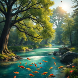 A serene landscape featuring tall, majestic trees with lush green foliage and their branches extending gracefully