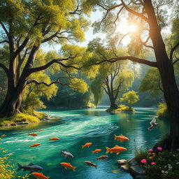 A serene landscape featuring tall, majestic trees with lush green foliage and their branches extending gracefully