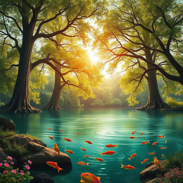 A serene landscape featuring tall, majestic trees with lush green foliage and their branches extending gracefully