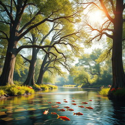 A serene landscape featuring tall, majestic trees with lush green foliage and their branches extending gracefully