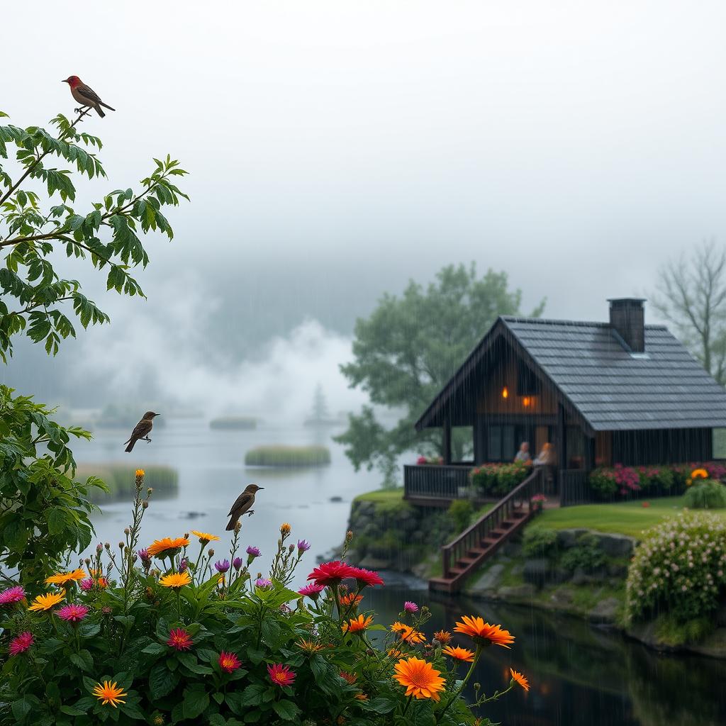 A serene and tranquil scene of a rainy morning, with soft raindrops falling on a picturesque landscape