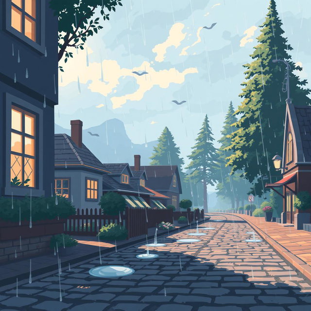 A serene pixel art scene depicting a rainy morning