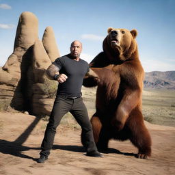 A dynamic image of Joe Rogan, noted podcaster and martial artist, in a confrontational pose against a towering, aggressive brown bear