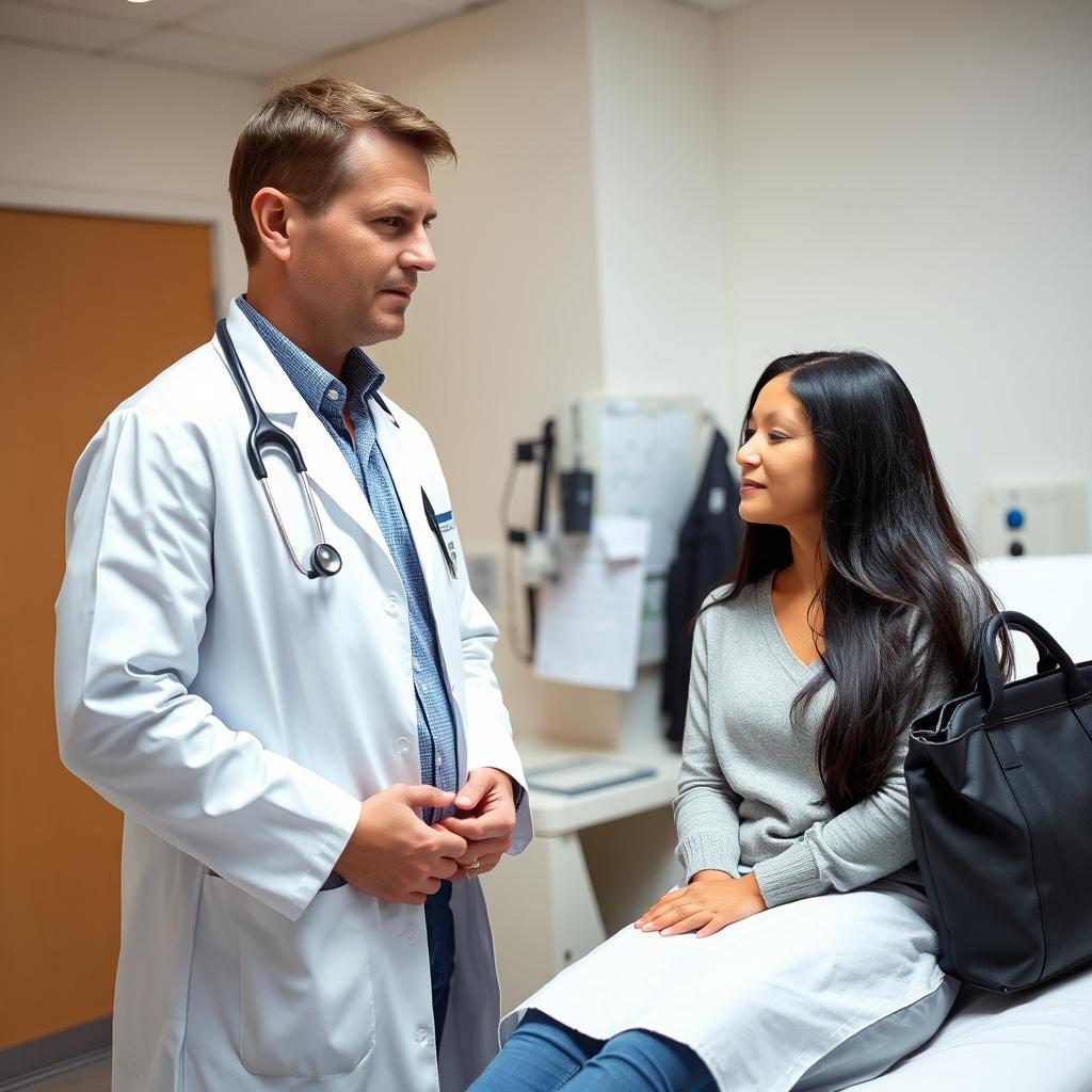 A hospital scene featuring a confident and professional doctor in a well-lit, modern examination room