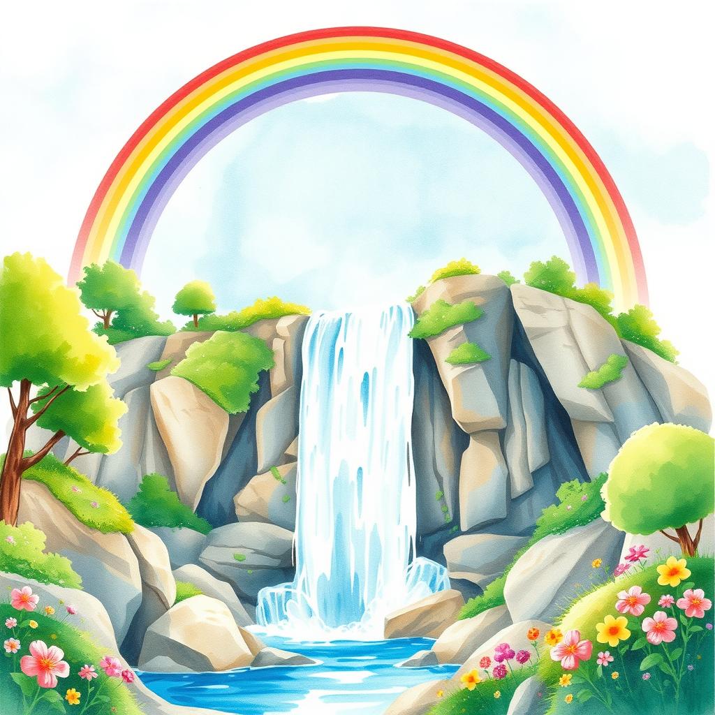 A vibrant and colorful watercolor illustration of a majestic waterfall cascading down rocky cliffs, surrounded by lush green trees and blooming flowers