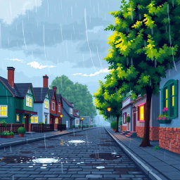 A tranquil pixel art scene of a rainy morning