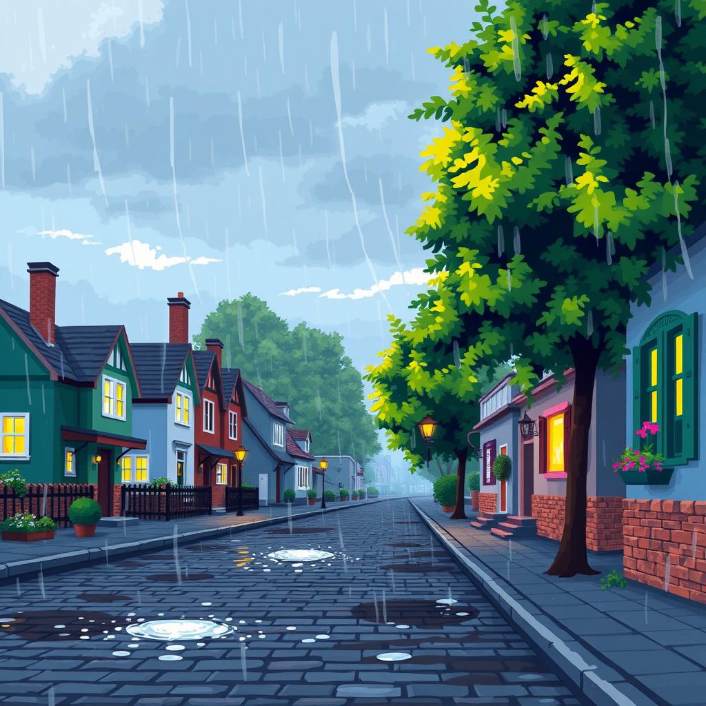 A tranquil pixel art scene of a rainy morning