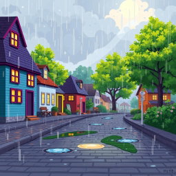 A tranquil pixel art scene of a rainy morning