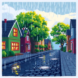 A tranquil pixel art scene of a rainy morning