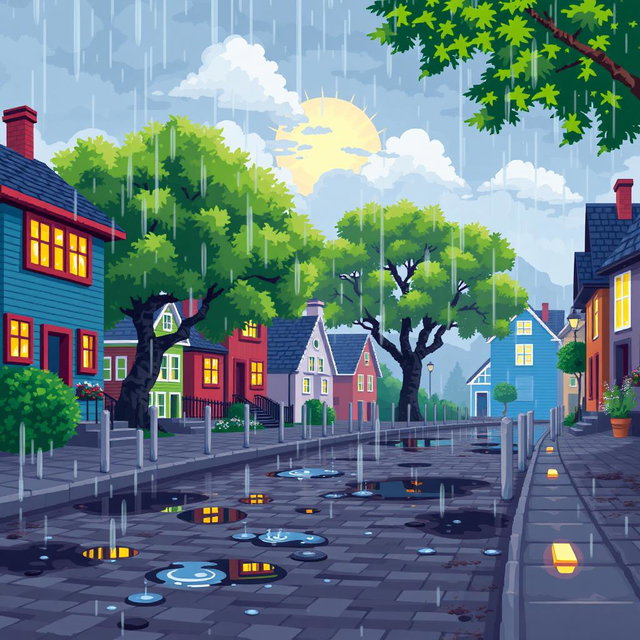 A tranquil pixel art scene of a rainy morning