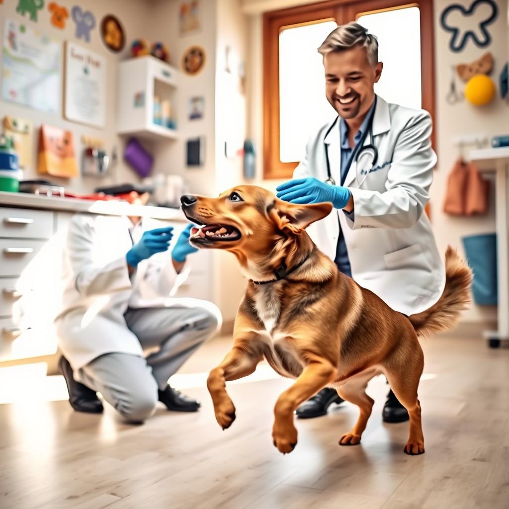 A playful dog energetically moving around a veterinarian's office, creating a cheerful and lively scene
