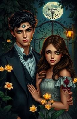 A romantic and mysterious scene featuring Theodore, a handsome young man with jet black hair and striking emerald green eyes, dressed in sophisticated attire adorned with a detailed Vintroy brooch