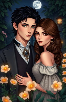 A romantic and mysterious scene featuring Theodore, a handsome young man with jet black hair and striking emerald green eyes, dressed in sophisticated attire adorned with a detailed Vintroy brooch