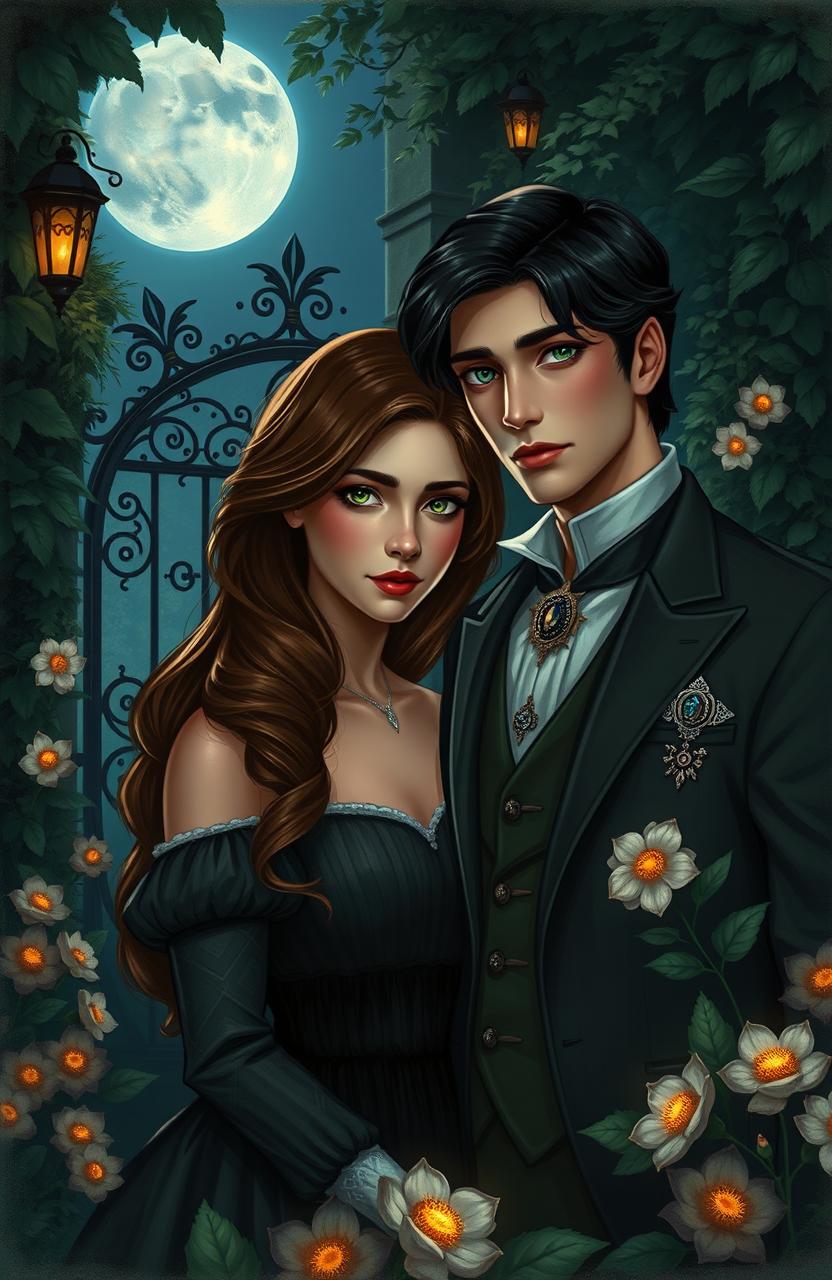 A romantic and mysterious scene featuring Theodore, a handsome young man with jet black hair and striking emerald green eyes, dressed in sophisticated attire adorned with a detailed Vintroy brooch