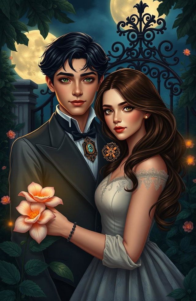 A romantic and mysterious scene featuring Theodore, a handsome young man with jet black hair and striking emerald green eyes, dressed in sophisticated attire adorned with a detailed Vintroy brooch
