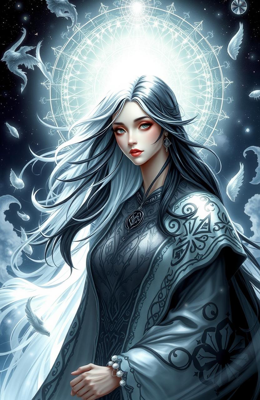 A fantasy goddess embodying light and dark elements, featuring an ethereal presence
