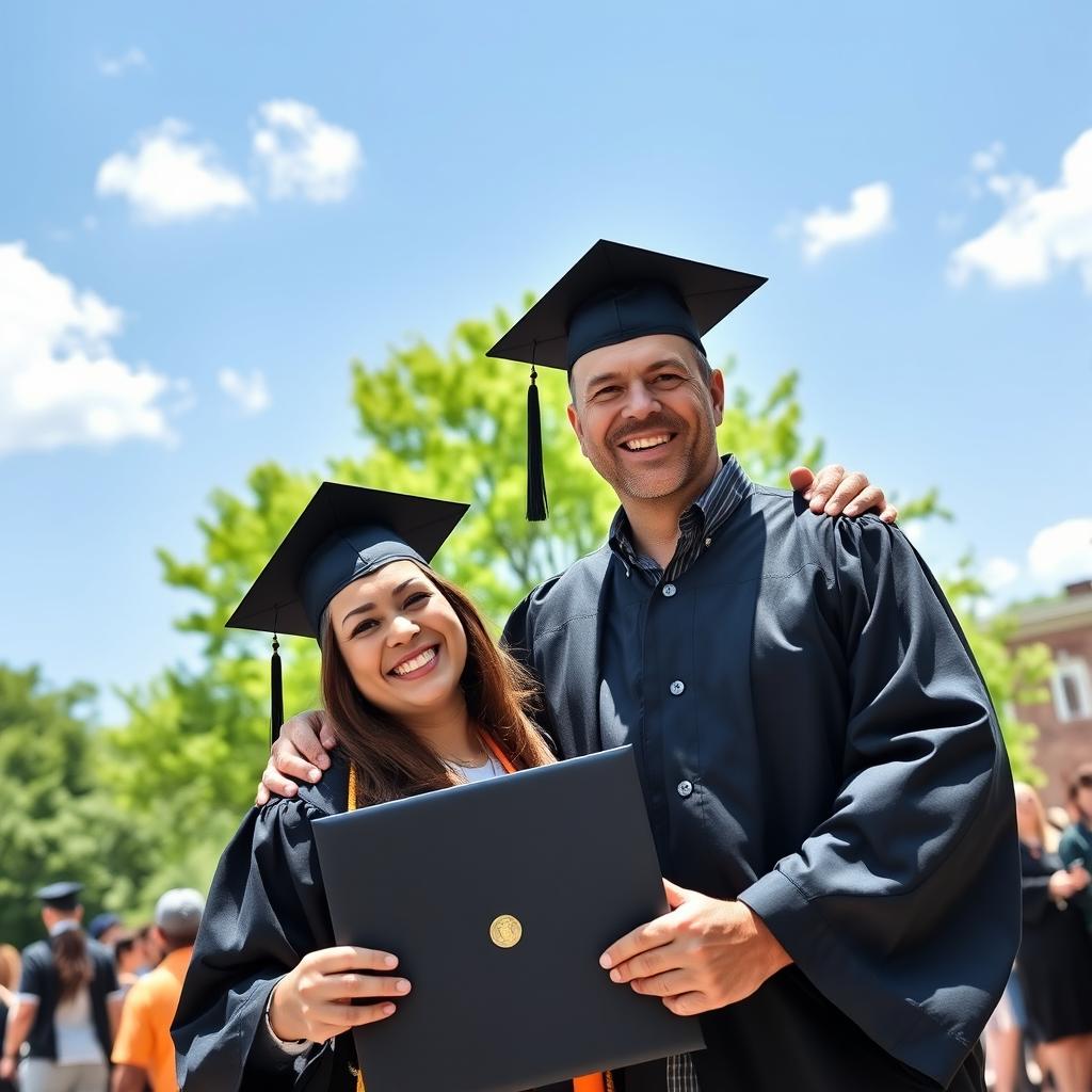 A joyful graduation scene featuring a proud father and his graduate, celebrating together outside a university