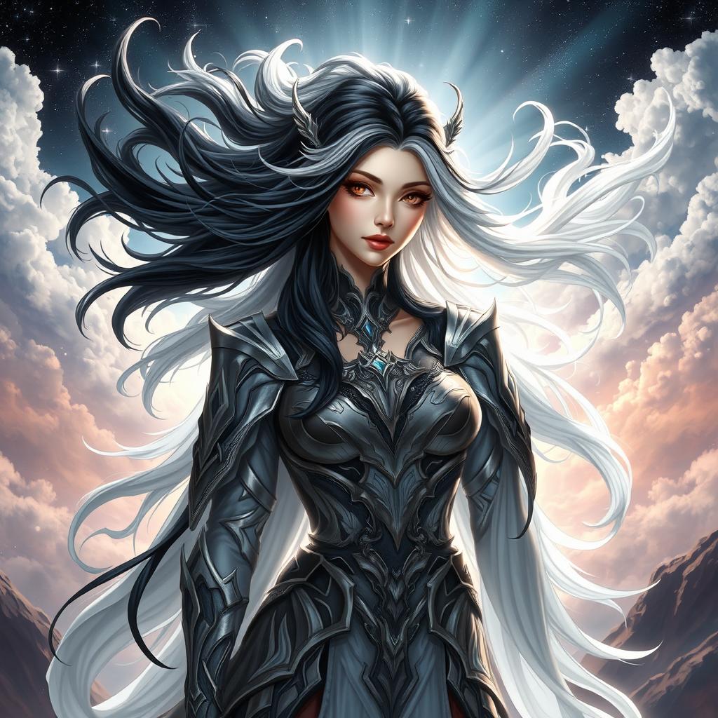 A fantasy goddess embodying both light and dark elements, with striking black and white hair that flows elegantly