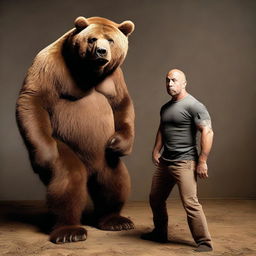 A dynamic image of Joe Rogan, noted podcaster and martial artist, in a confrontational pose against a towering, aggressive brown bear