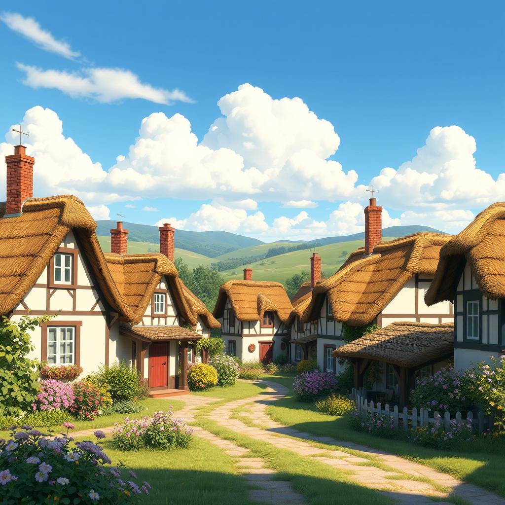 A picturesque village scene in a 2D art style, depicting charming houses with thatched roofs and colorful facades, surrounded by lush greenery and blooming flowers