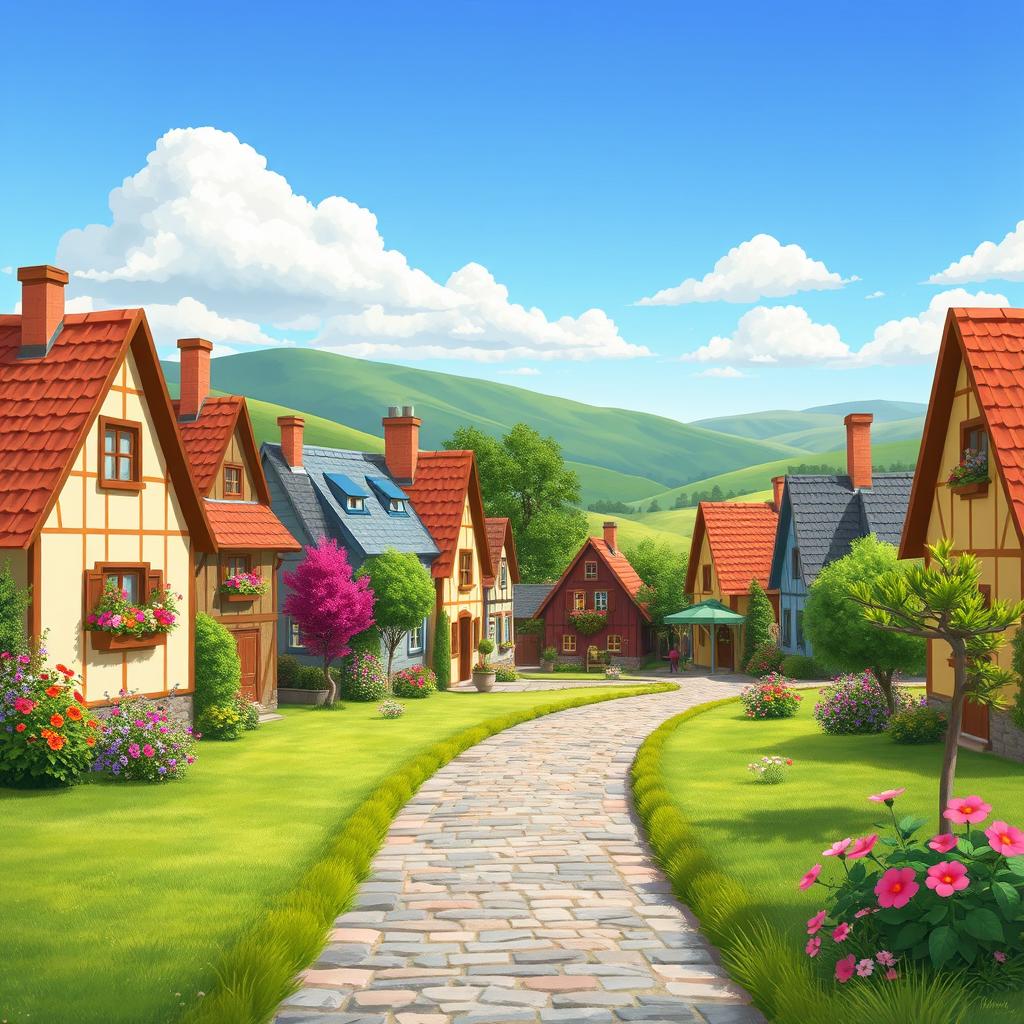 A charming 2D illustration of a quaint village, featuring colorful houses with slanted roofs and flower-filled gardens
