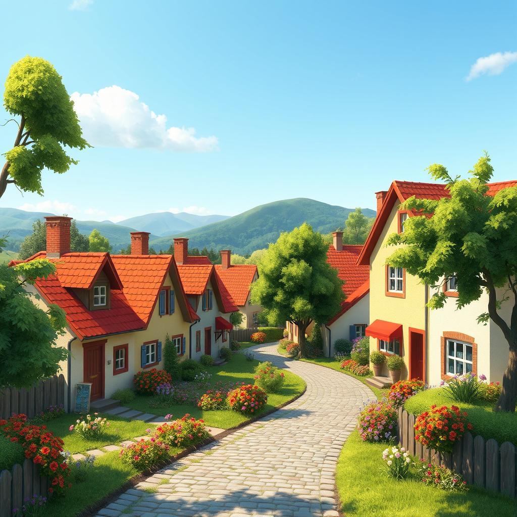 An enchanting 2D illustration of a small village, showcasing cute cottages with colorful roofs and neat gardens filled with flowers