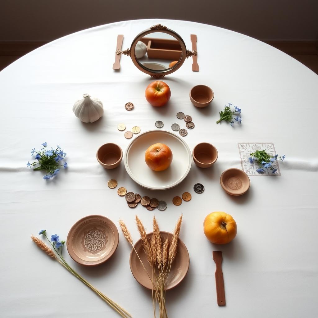 A minimalist Nowruz Haft-Sin table setting designed by an Iranian architecture student, showcasing elements such as garlic, sumac, vinegar, jujube, sprouts, apple, coins, and a mirror