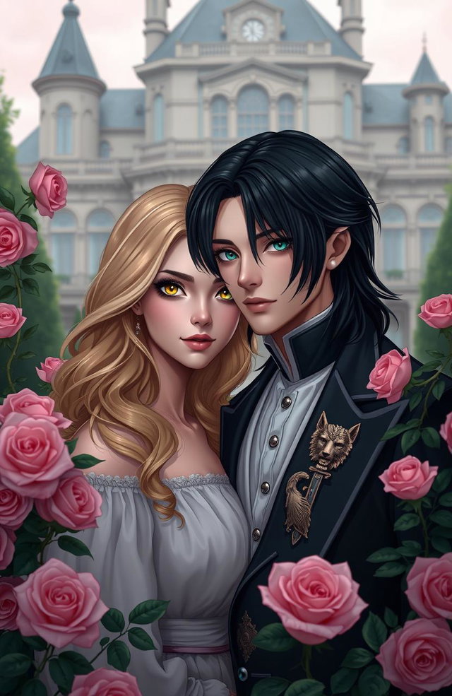 A romantic scene featuring a dirt blonde female lead with wavy hair and captivating golden eyes, standing alongside a male lead with medium long jet black hair and striking emerald eyes