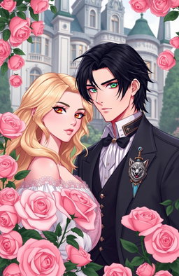 A romantic scene featuring a dirt blonde female lead with wavy hair and captivating golden eyes, standing alongside a male lead with medium long jet black hair and striking emerald eyes