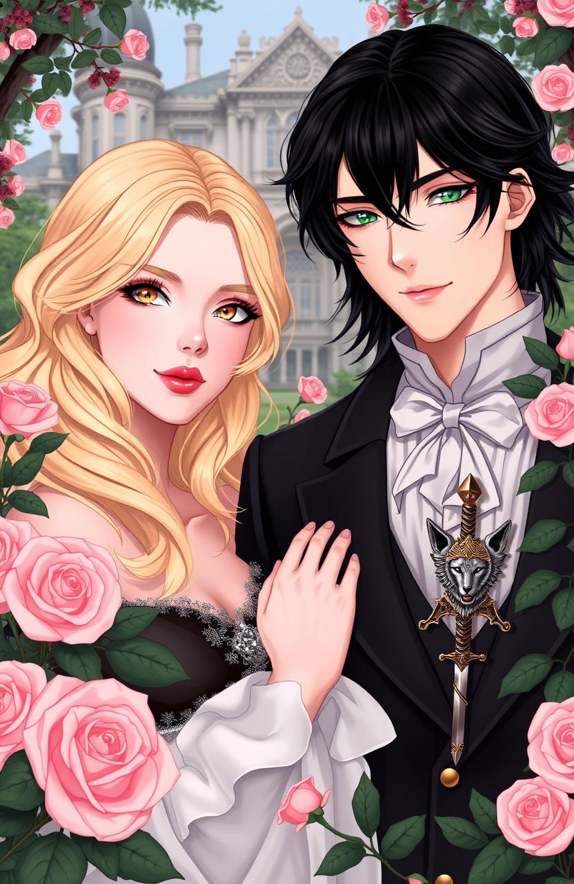 A romantic scene featuring a dirt blonde female lead with wavy hair and captivating golden eyes, standing alongside a male lead with medium long jet black hair and striking emerald eyes