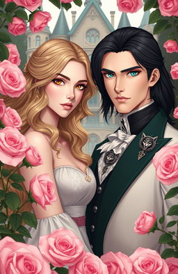 A romantic scene featuring a dirt blonde female lead with wavy hair and captivating golden eyes, standing alongside a male lead with medium long jet black hair and striking emerald eyes