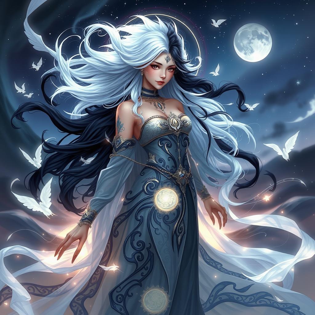 A captivating fantasy goddess embodying both light and dark elements, inspired by the themes of 'The Destiny of a Goddess' by Lyn Alphonse