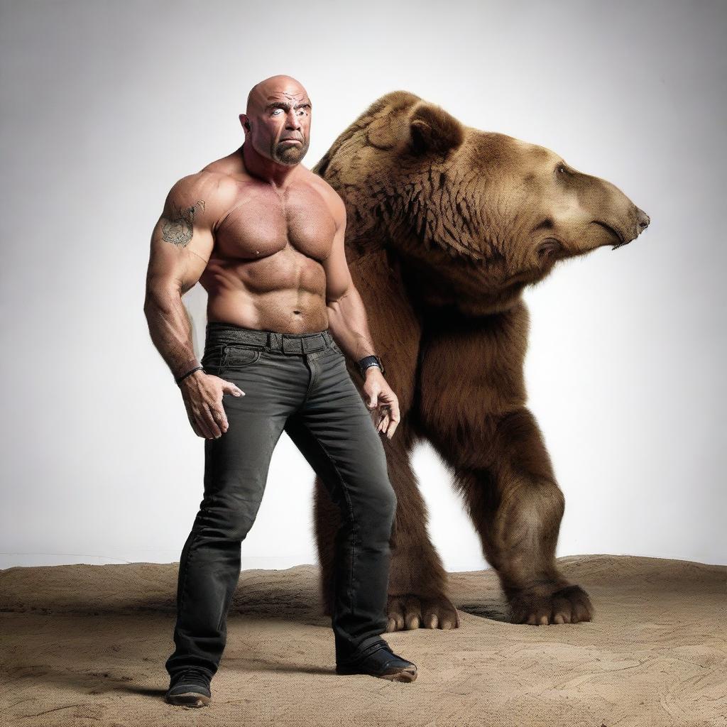 A dynamic image of Joe Rogan, noted podcaster and martial artist, in a confrontational pose against a towering, aggressive brown bear