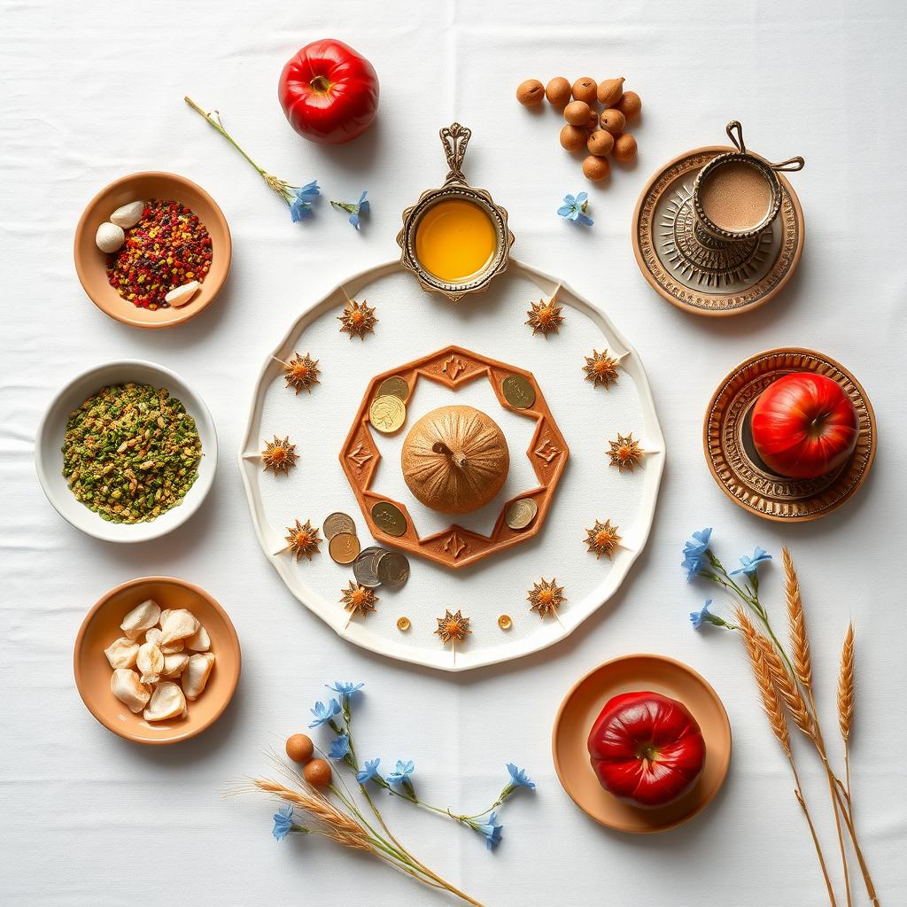 A minimalist Nowruz Haft-Sin table setting, inspired by Iranian architecture