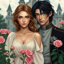 A dreamy and romantic scene featuring a female lead with dirt brown blonde wavy hair and golden eyes, wearing a simple, beautiful, flowy dress